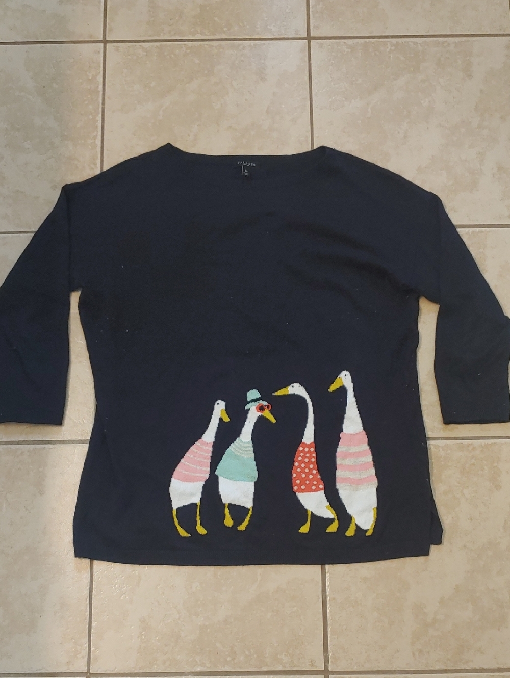 Talbots Porch Geese Sweater Navy Blue 3/4 Sleeves Women's Size SPetite
